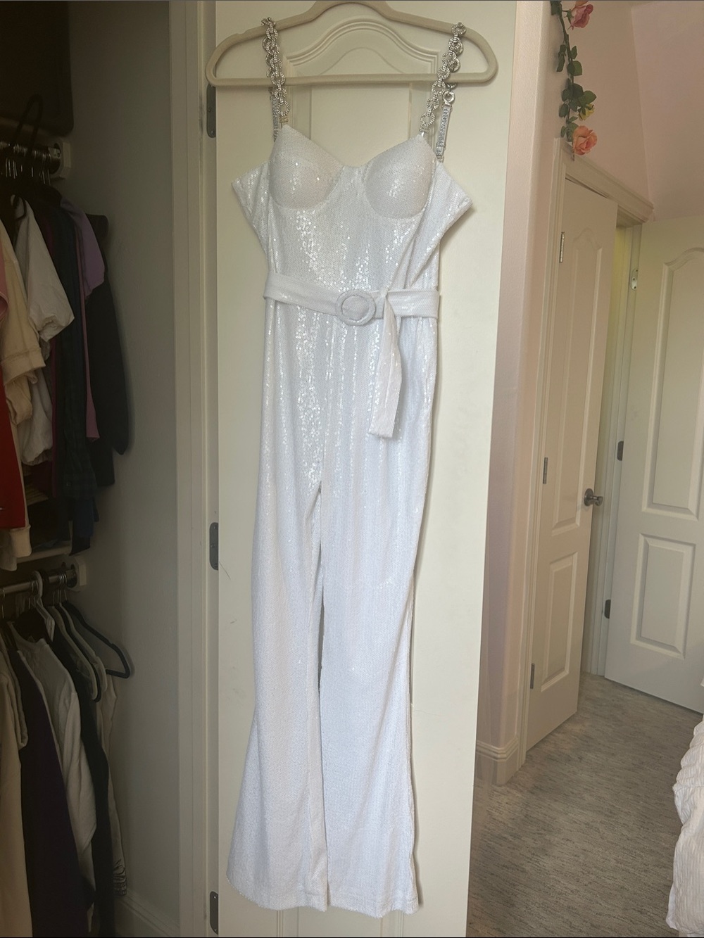 White Sequin Bustier Jumpsuit with Chain Straps